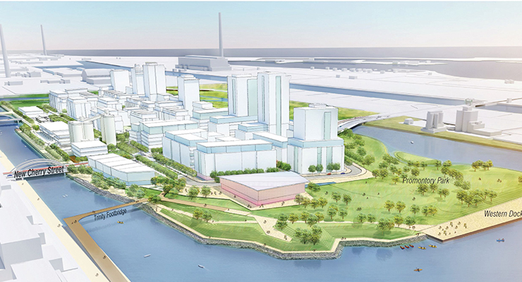 Conceptual future vision looking east across Port Lands. (Image courtesy Waterfront Toronto.)